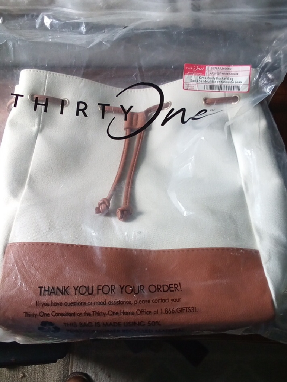 thirty-one Cream and Brown Crossbody Drawstring Bag